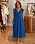 ADARA - Ruffle V-Neck Maxi Dress - Blue