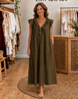 ADARA - Ruffle V-Neck Maxi Dress - Olive