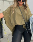 BELLA - Studded Oversized Tee - Washed Olive