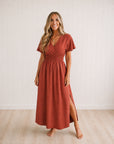 ESME - Summer V-Neck Side Slit Maxi Dress - Brick Red