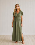ESME - Summer V-Neck Side Slit Maxi Dress - Olive Green