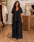 LIBIANA - V-Neck Tunic & Wide-Leg Set - Black