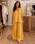 LIBIANA - V-Neck Tunic & Wide-Leg Set - Yellow
