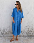 MEIVA - Cotton Linen Shirt Long Dress - Blue