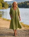 ROMINA - Relaxed Midi Dress 3/4 Sleeve - Olive