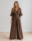 TESSA - Elegant Wrap Jumpsuit with Wide Leg and Pockets - Brown