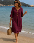 VANESA - Linen dress with texture - Burgundy