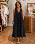 VICKY - Ruffle-Front V-Neck Sleeveless Maxi Dress - Black