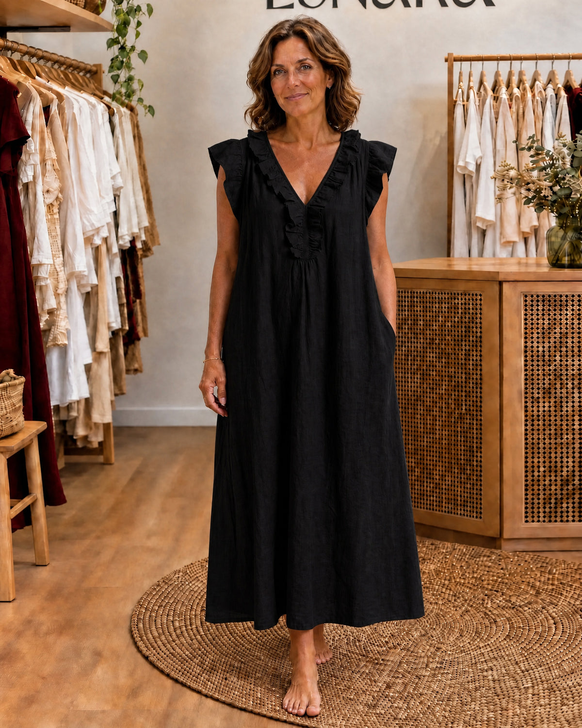 ADARA - Ruffle V-Neck Maxi Dress - Black