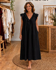 ADARA - Ruffle V-Neck Maxi Dress - Black