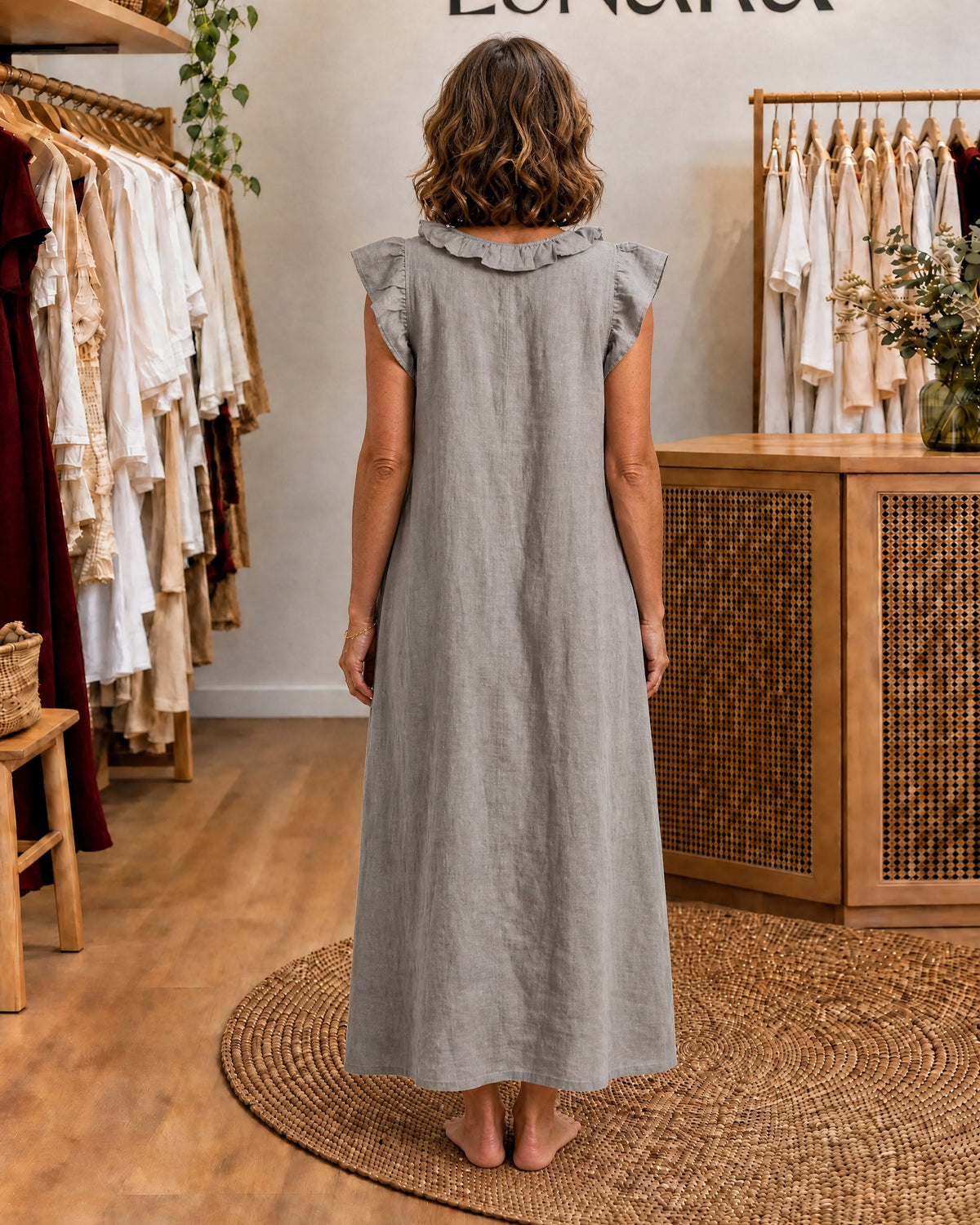 ADARA - Ruffle V-Neck Maxi Dress - Grey