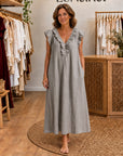 ADARA - Ruffle V-Neck Maxi Dress - Grey