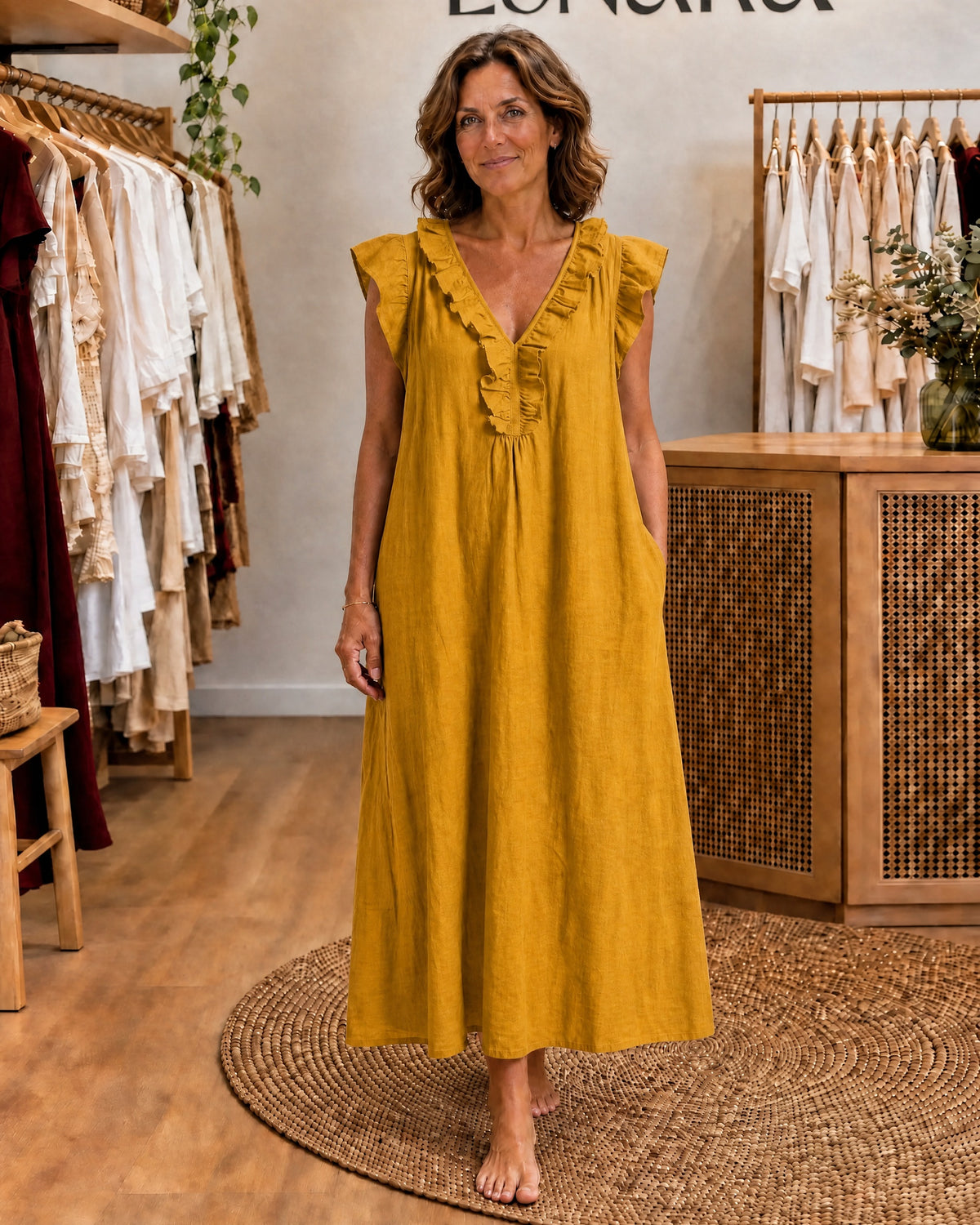 ADARA - Ruffle V-Neck Maxi Dress - Mustard