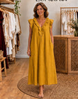 ADARA - Ruffle V-Neck Maxi Dress - Mustard