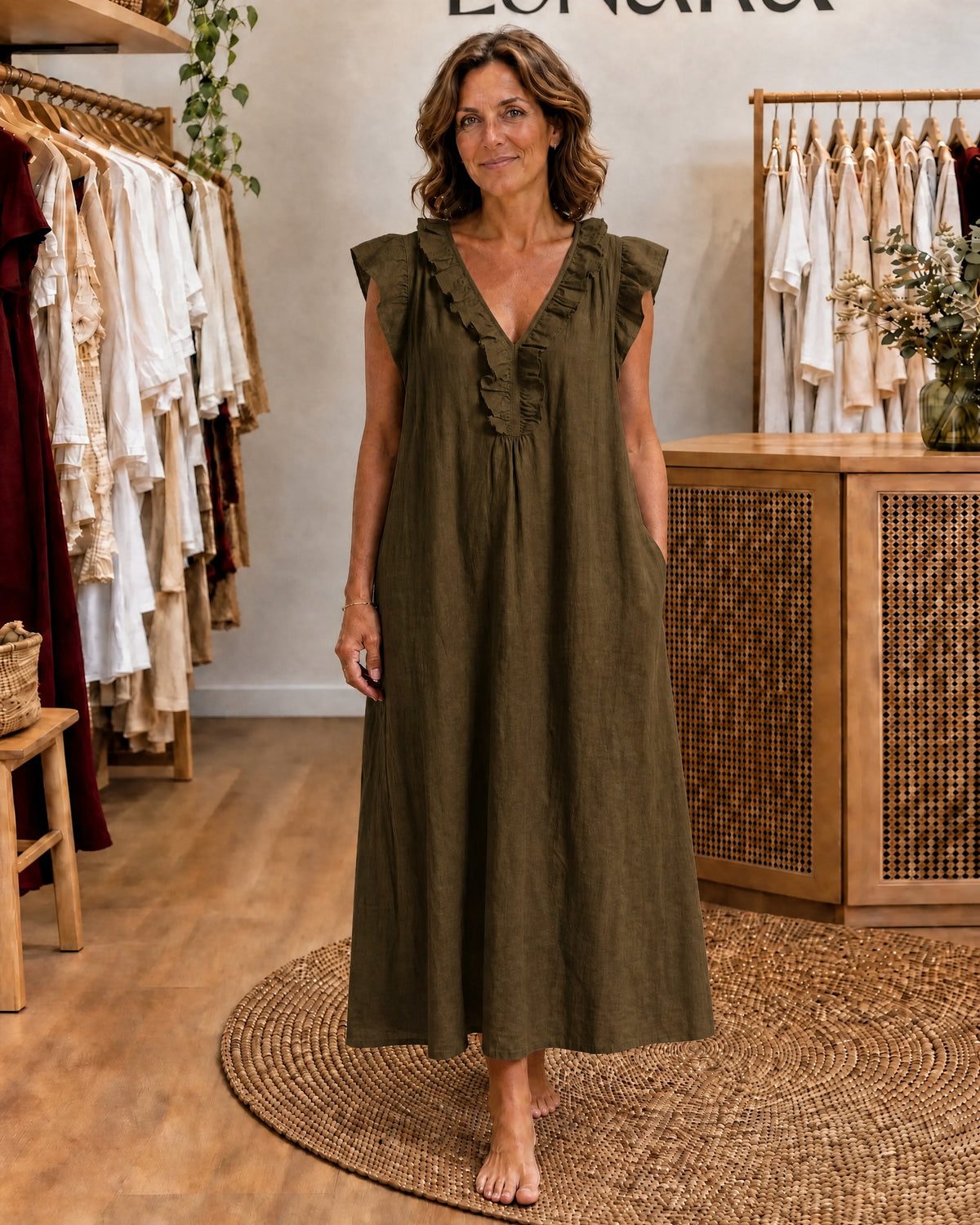 ADARA - Ruffle V-Neck Maxi Dress - Olive