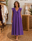 ADARA - Ruffle V-Neck Maxi Dress - Purple
