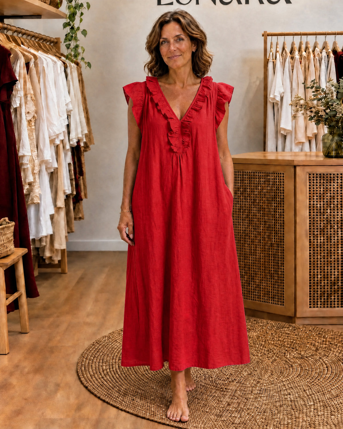 ADARA - Ruffle V-Neck Maxi Dress - Red