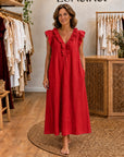 ADARA - Ruffle V-Neck Maxi Dress - Red