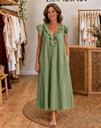 ADARA - Ruffle V-Neck Maxi Dress - Sage Green