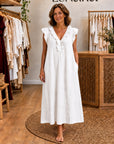 ADARA - Ruffle V-Neck Maxi Dress - White