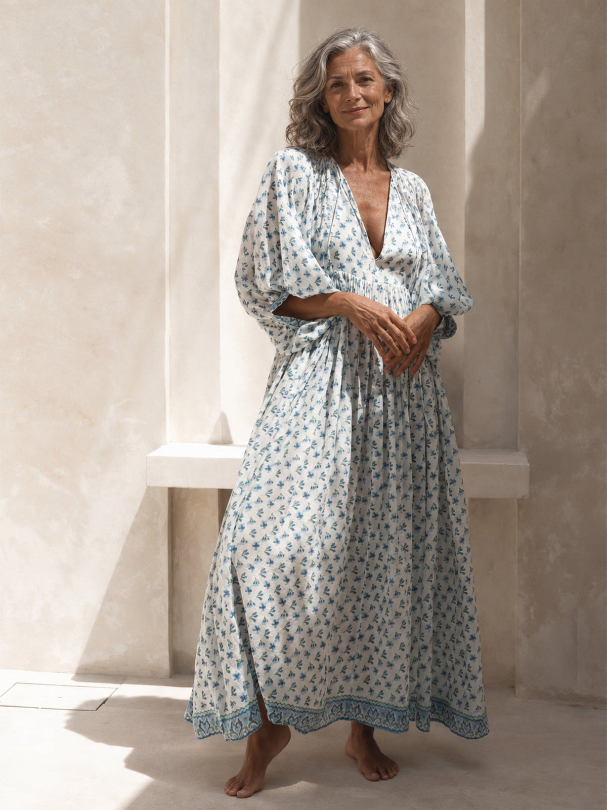 ADELA - Boho Floral Maxi Dress - Blue