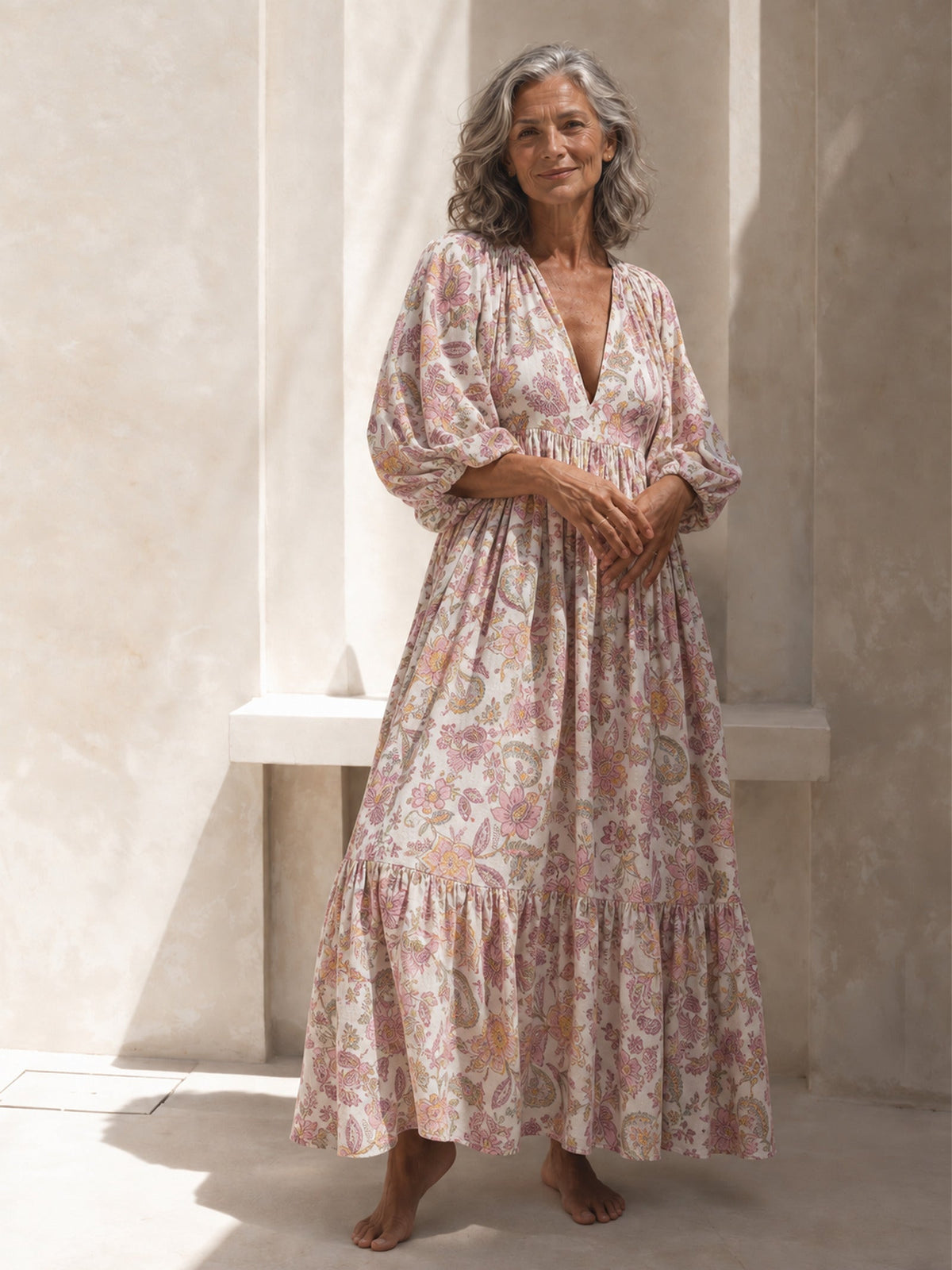 ADELA - Boho Floral Maxi Dress - Pink