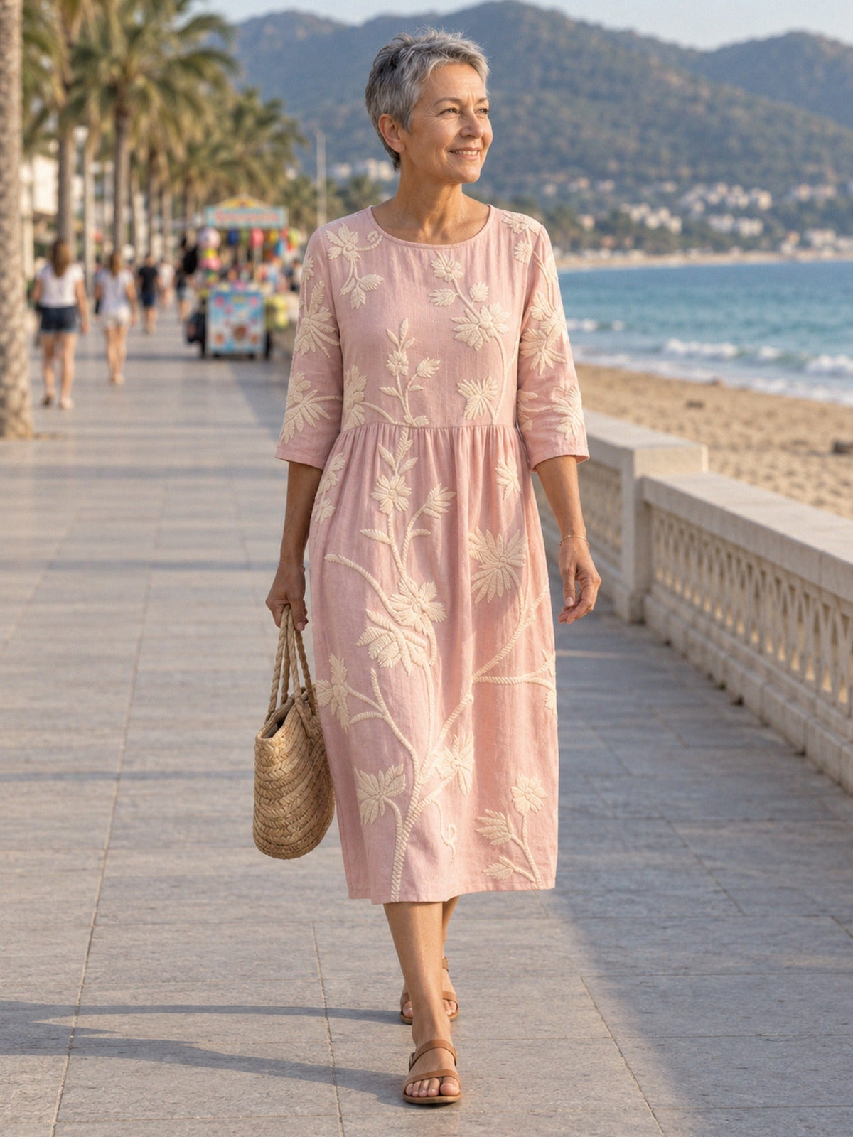 ALDARA – Women's Dress with Floral Embroidery - Pink