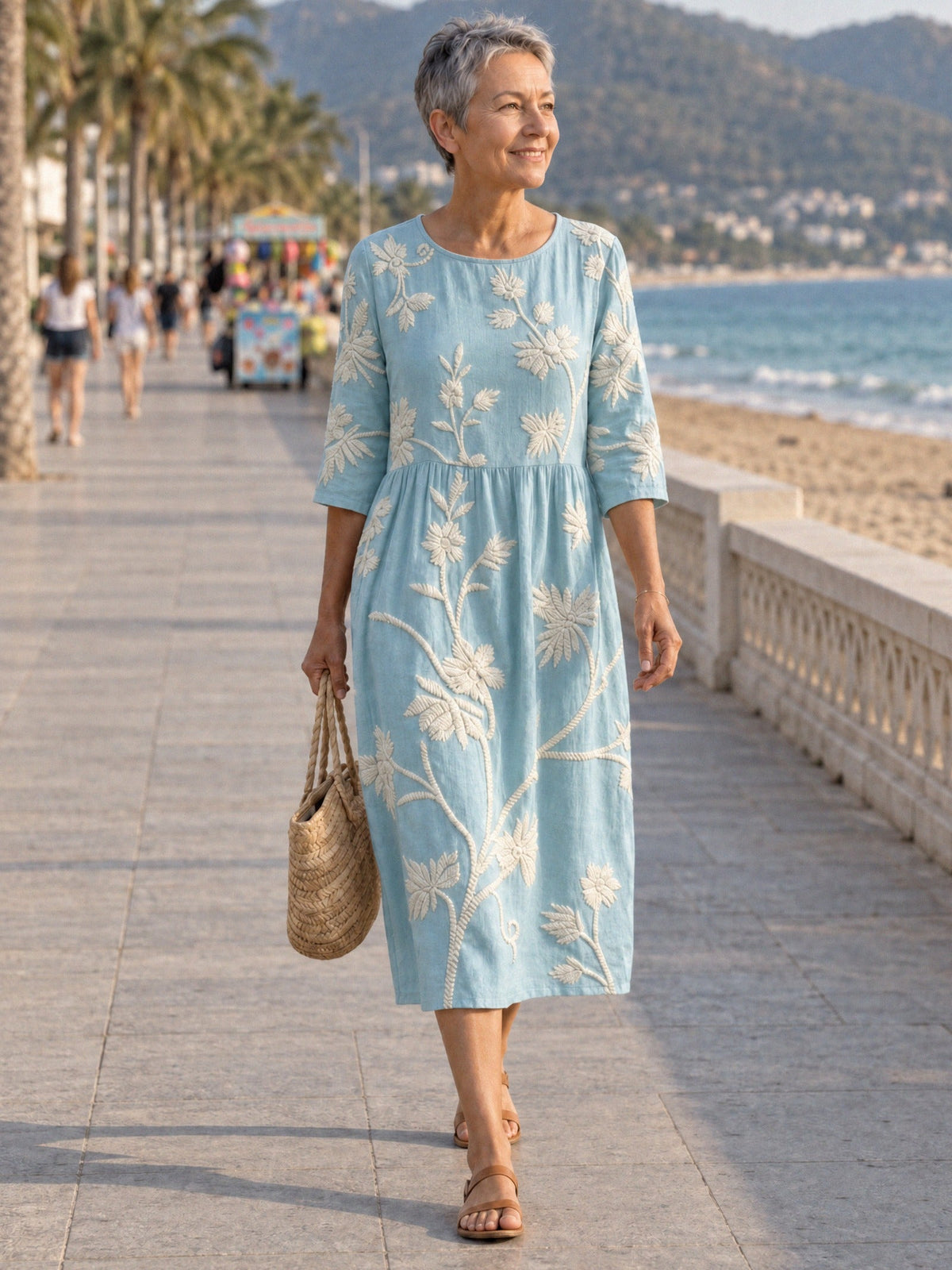 ALDARA – Women's Dress with Floral Embroidery - Blue