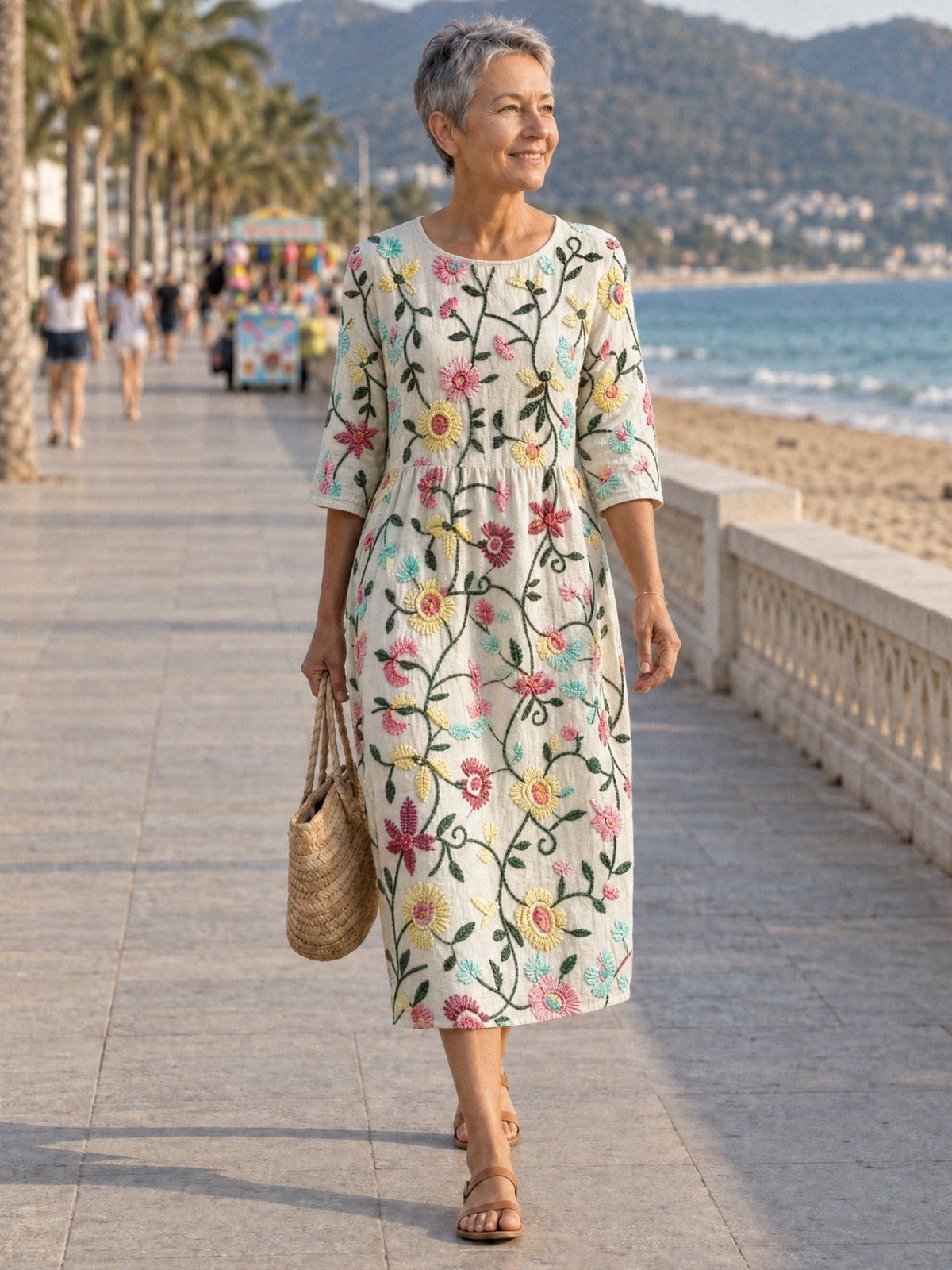 ALDARA – Women's Dress with Floral Embroidery - Patterned White