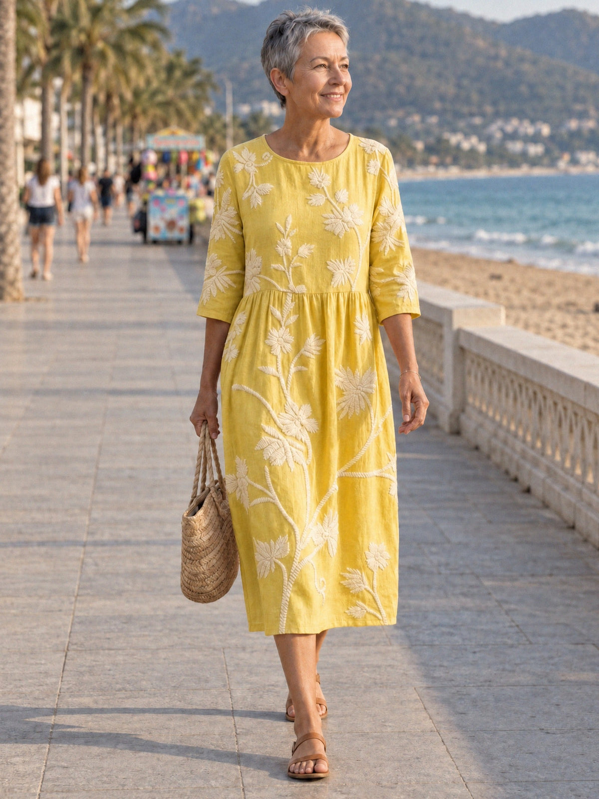 ALDARA – Women's Dress with Floral Embroidery - Yellow