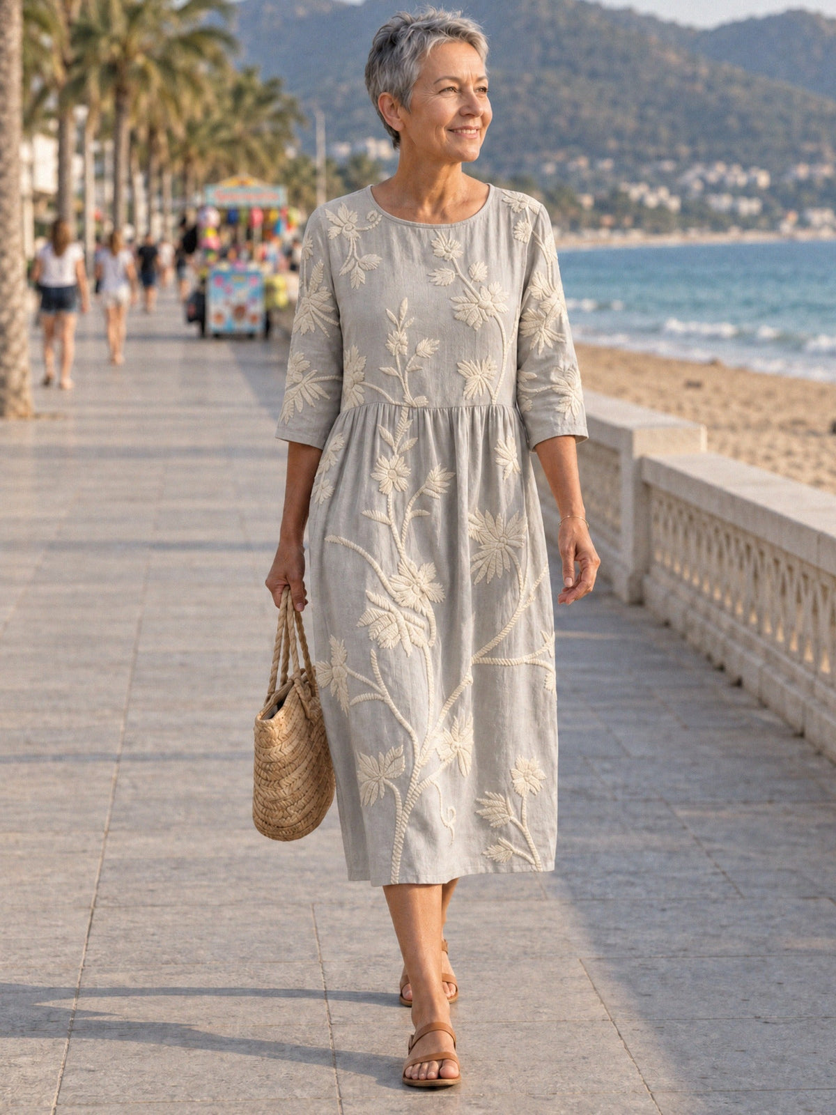 ALDARA – Women's Dress with Floral Embroidery - Grey
