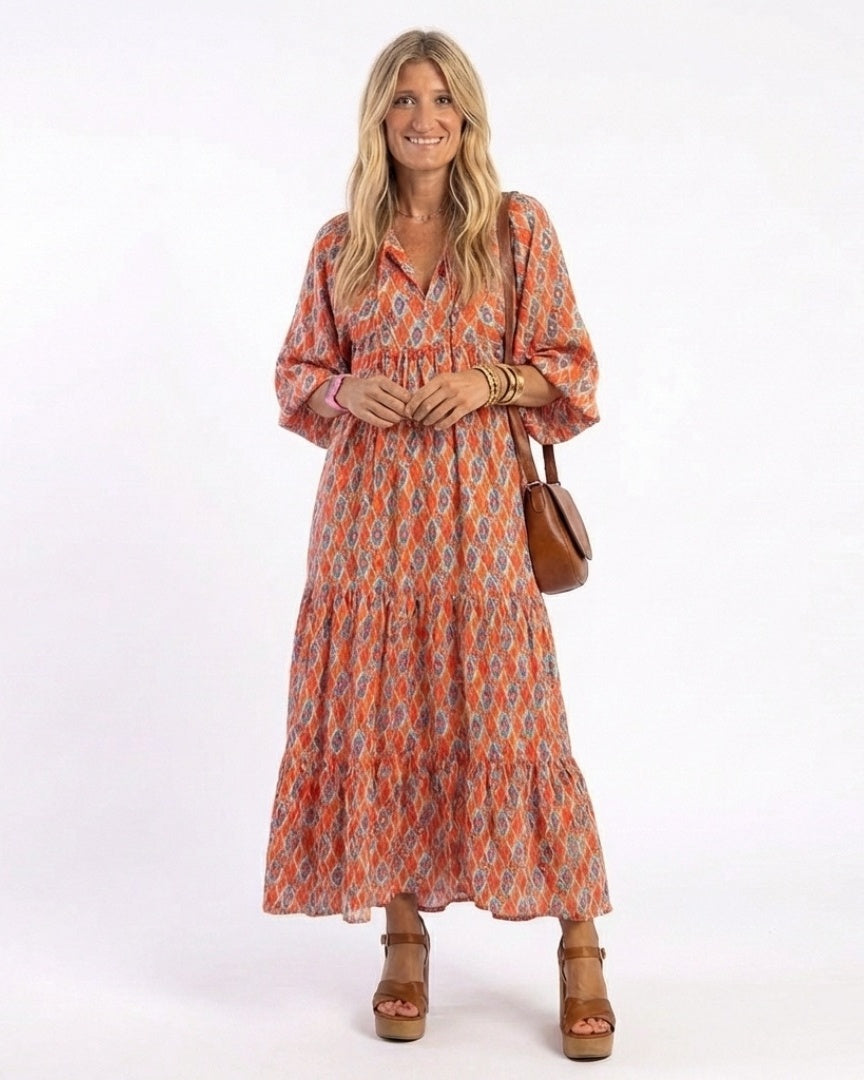 AMARA - Diamond Print Tiered Midi Dress