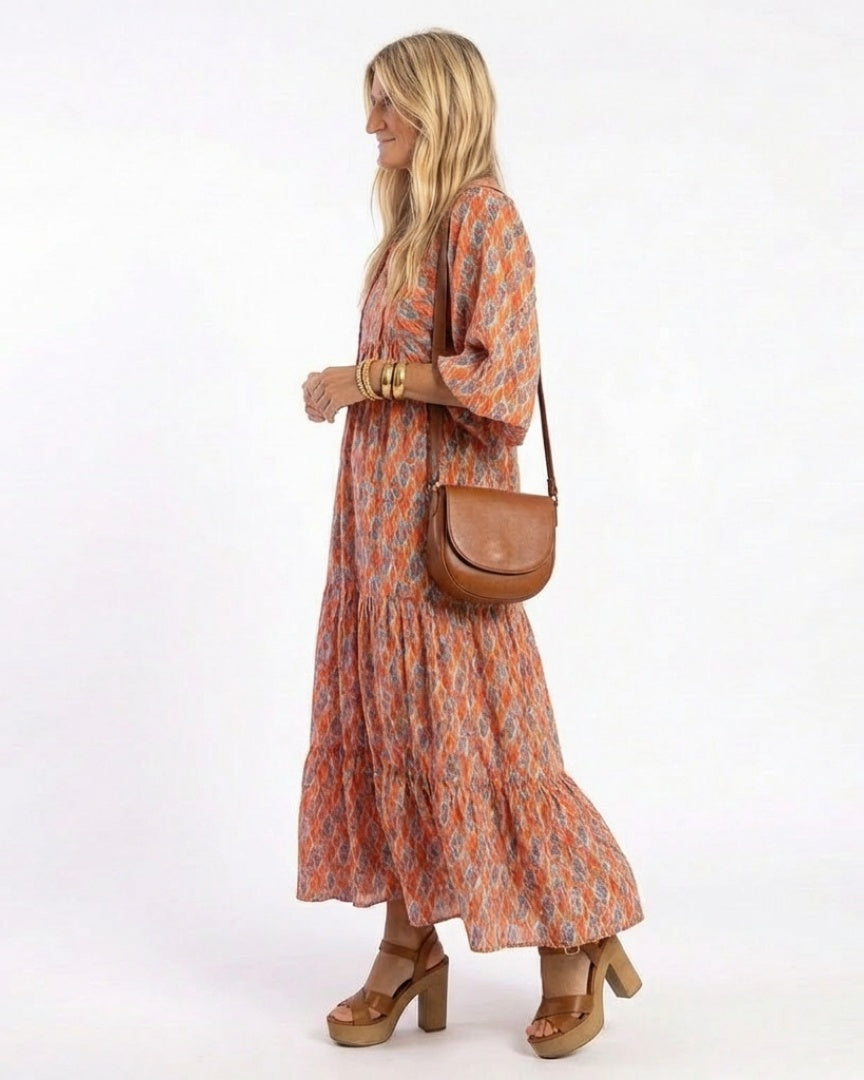 AMARA - Diamond Print Tiered Midi Dress