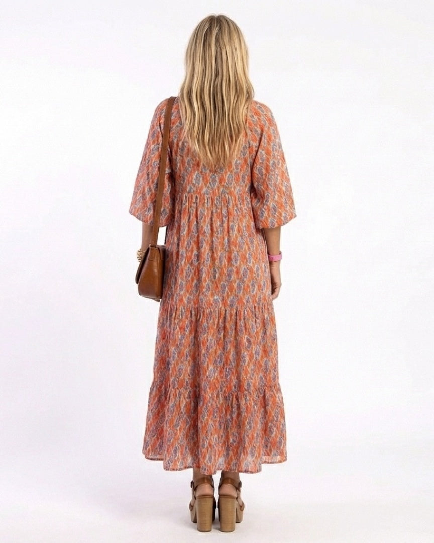 AMARA - Diamond Print Tiered Midi Dress