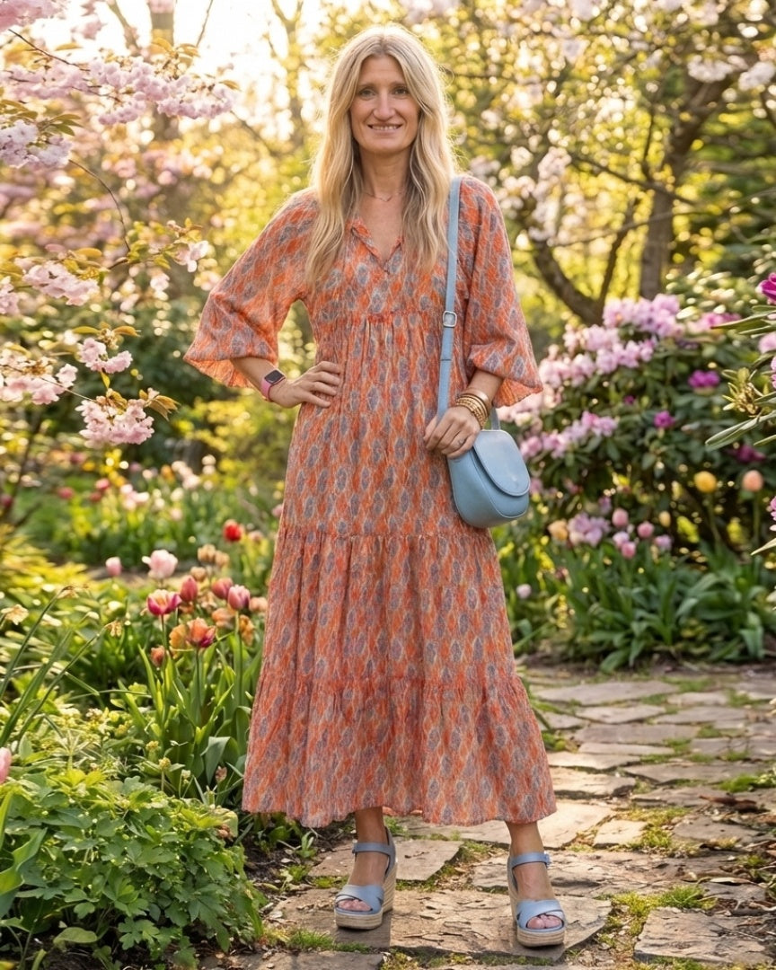 AMARA - Diamond Print Tiered Midi Dress