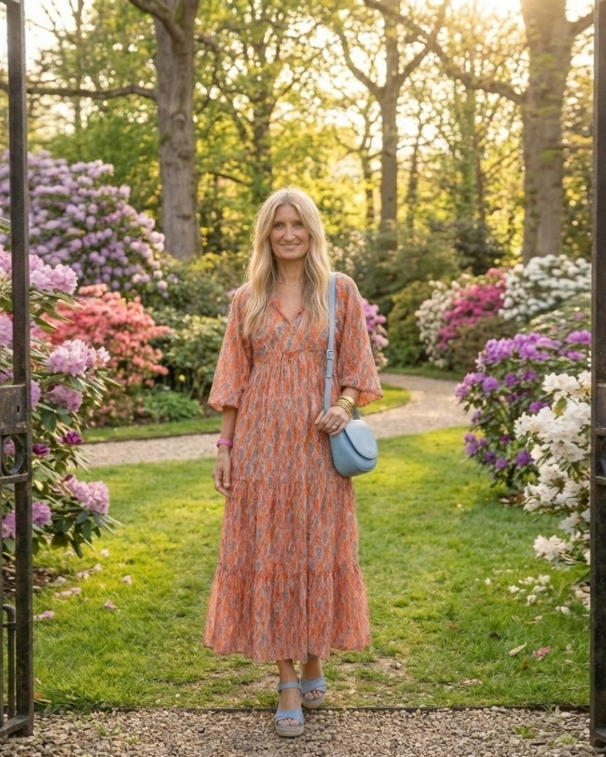 AMARA - Diamond Print Tiered Midi Dress
