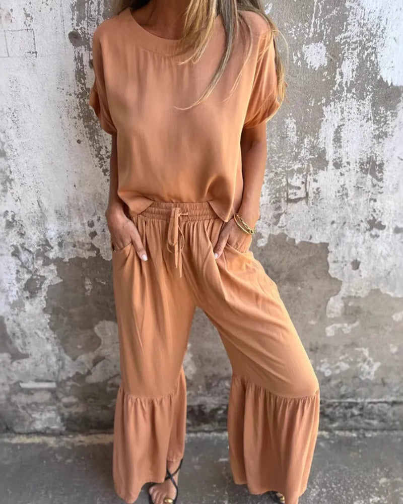 ANERI - Elegant Top and Pants Set - Khaki