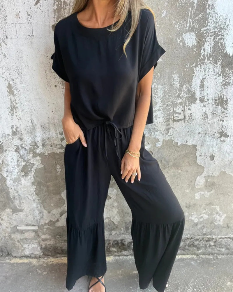 ANERI - Elegant Top and Pants Set - Black