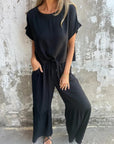 ANERI - Elegant Top and Pants Set - Black