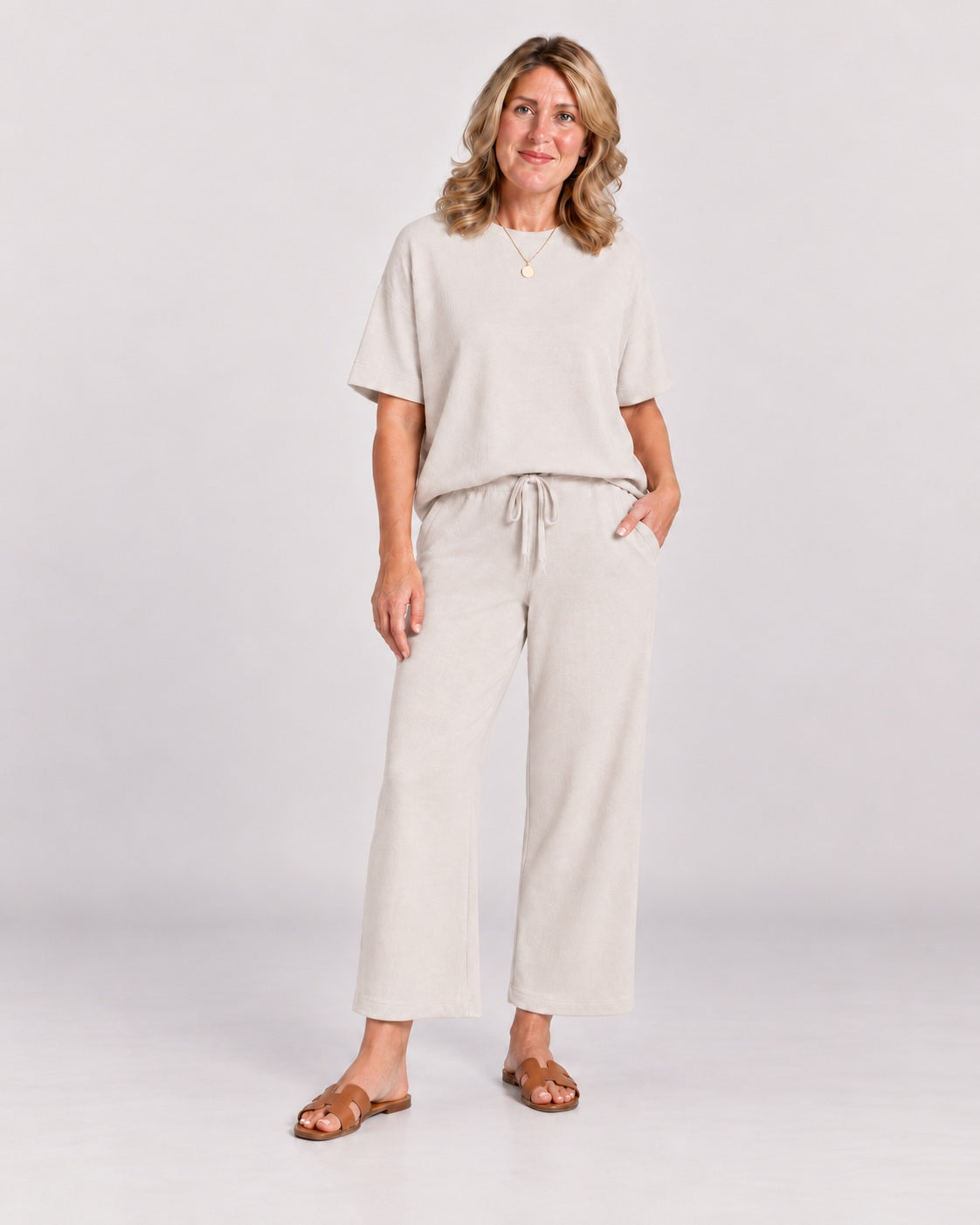 ASANARE - Soft Casual Top and Pants Set - Beige