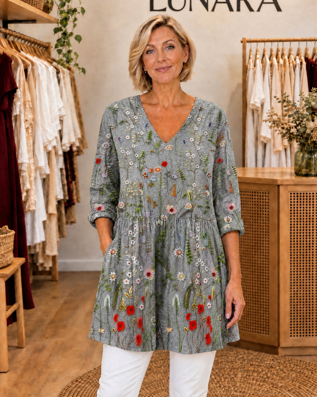 AUDREY - Long Blouse with V-Neck