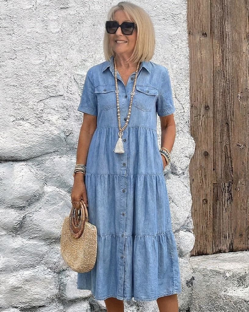 AVARA - Relaxed Tiered Button-Front Midi Dress - Sky Blue