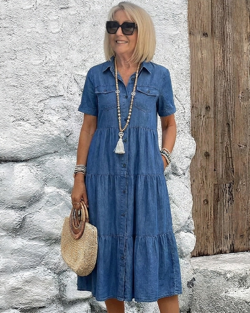 AVARA - Relaxed Tiered Button-Front Midi Dress - Navy Blue