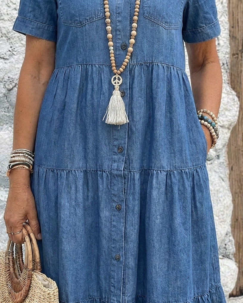 AVARA - Relaxed Tiered Button-Front Midi Dress - Navy Blue