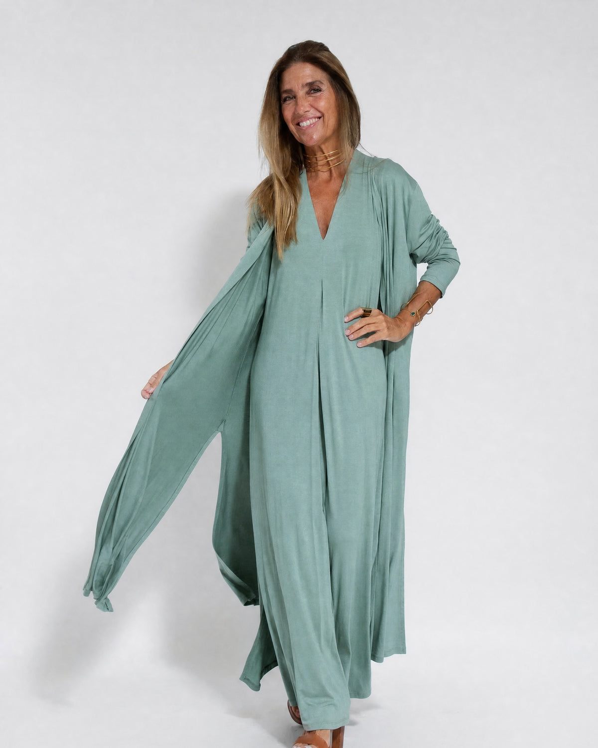 AYANIA - Slimming Dress and Vest Set - Olive Dress + Olive Vest