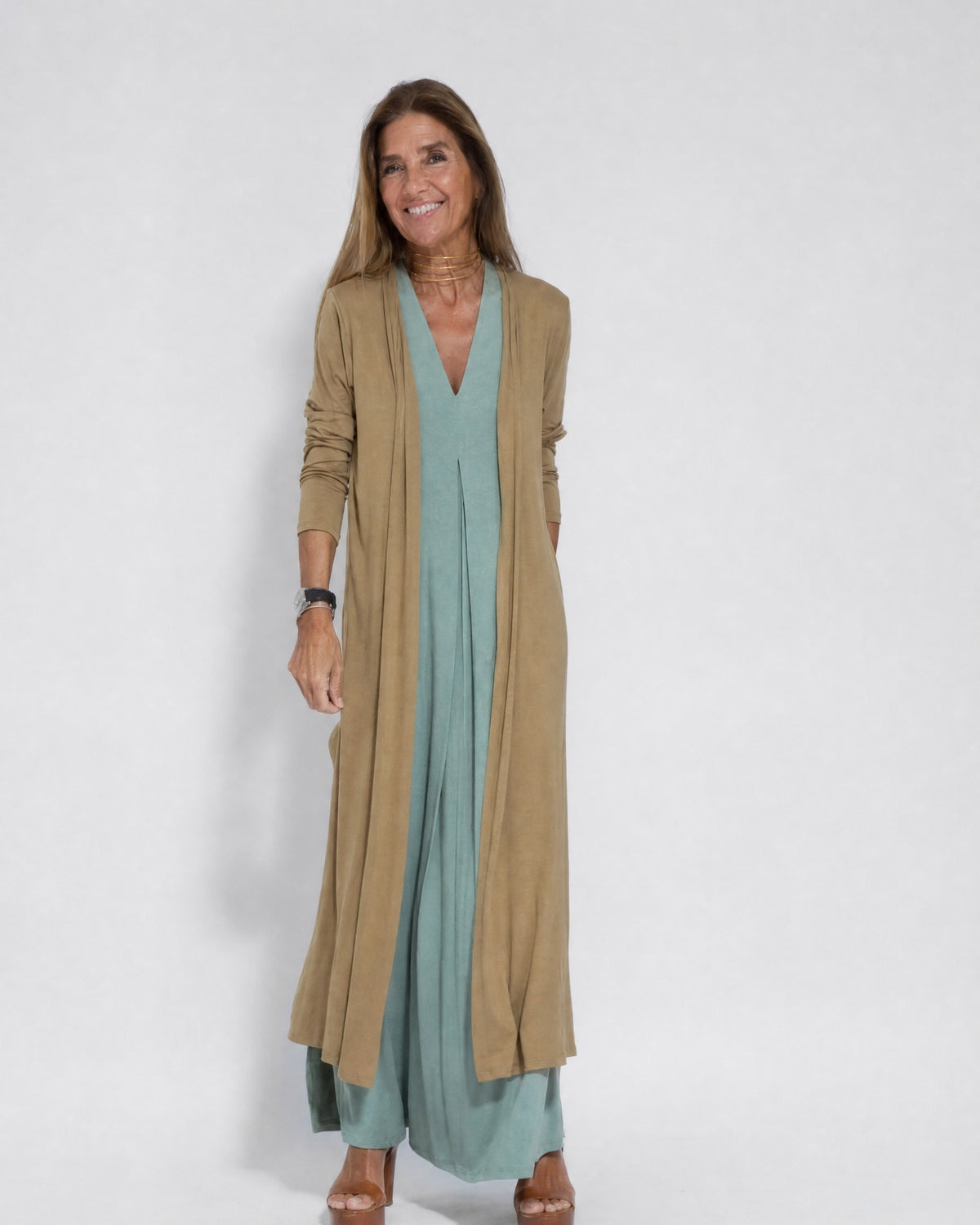 AYANIA - Slimming Dress and Vest Set - Olive Dress + Coffee Vest