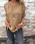 BAUA - Round Neck Cotton and Linen T-Shirt - Brown