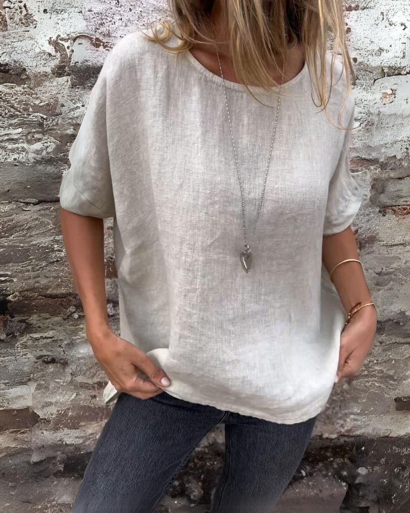 BAUA - Round Neck Cotton and Linen T-Shirt - White