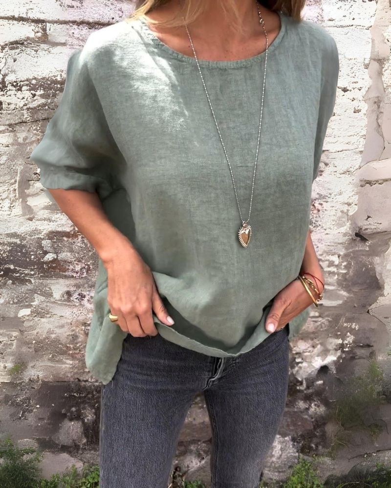 BAUA - Round Neck Cotton and Linen T-Shirt - Green