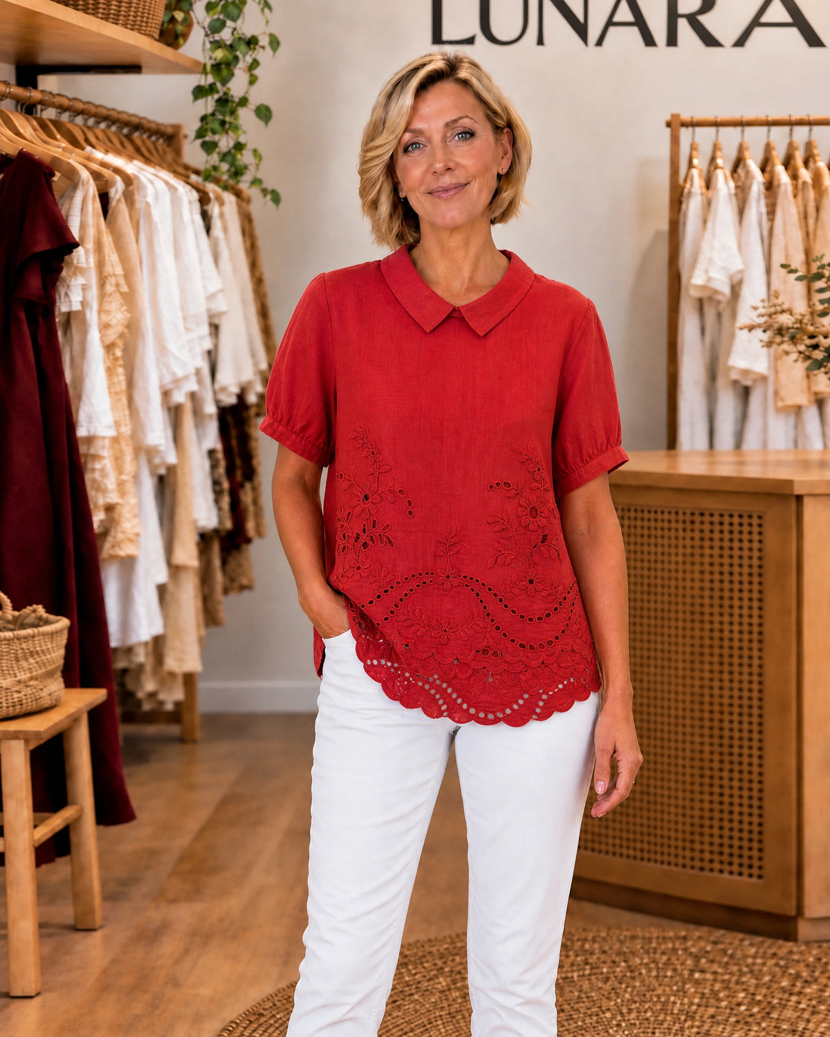 BEA - Floral Embroidered Shirt - Red